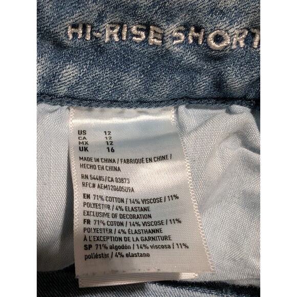 American Eagle Womens 12 HiRise Denim Shorts Blue Bleach Wash Distress Destroyed - Picture 4 of 4